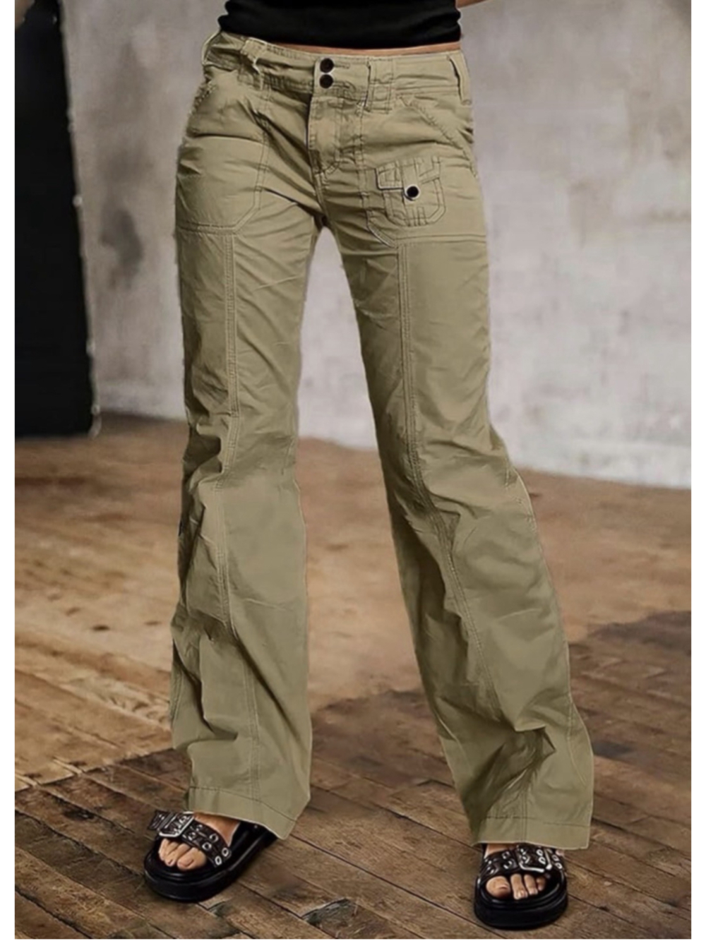 Flamingals Straight Leg Pants for Women Mid Rise Casual Front Patch Pocket S